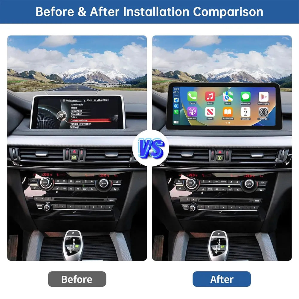 Side-by-side comparison before and after installing a 12.3-inch wide touchscreen on a BMW dashboard.