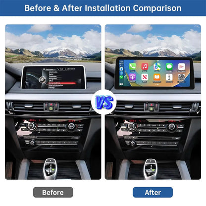 Side-by-side comparison before and after installing a 12.3-inch wide touchscreen on a BMW dashboard.