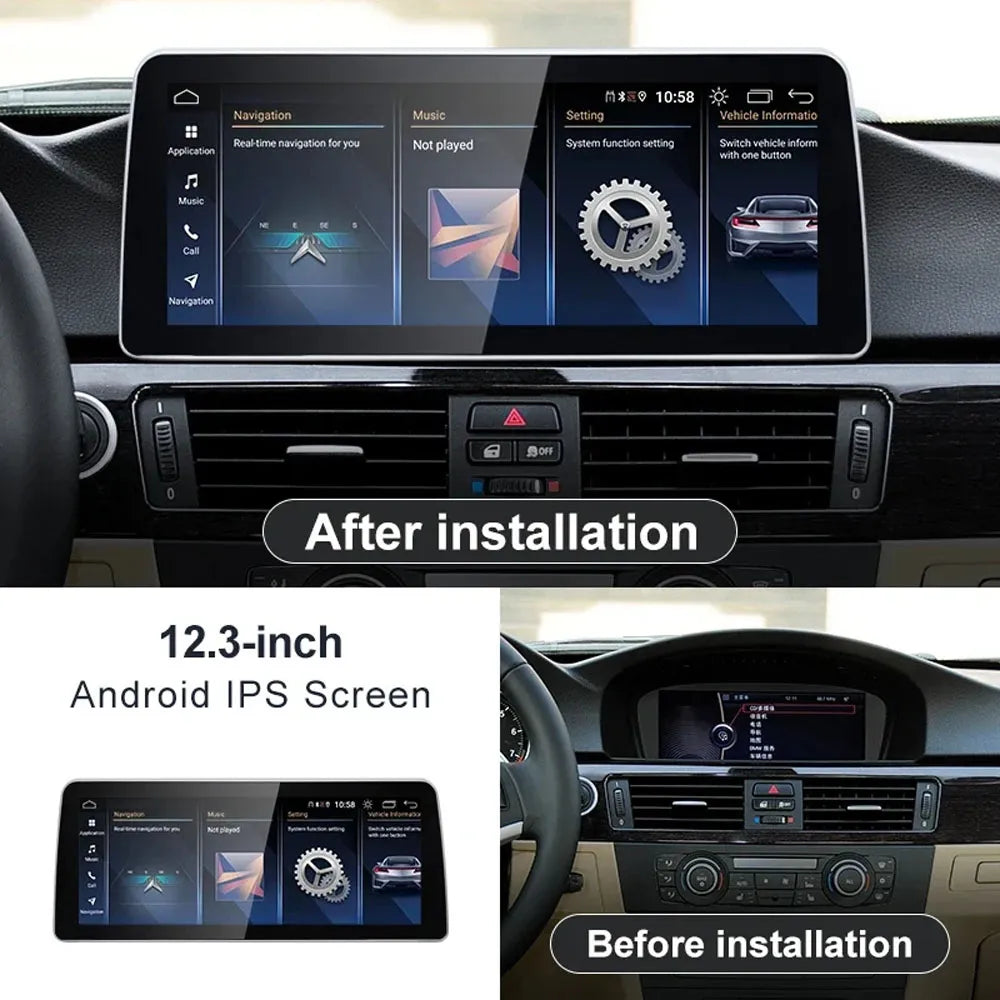 Comparison showing BMW dashboard before installation with original factory screen and after upgrading to a 12.3-inch Android IPS touchscreen display.