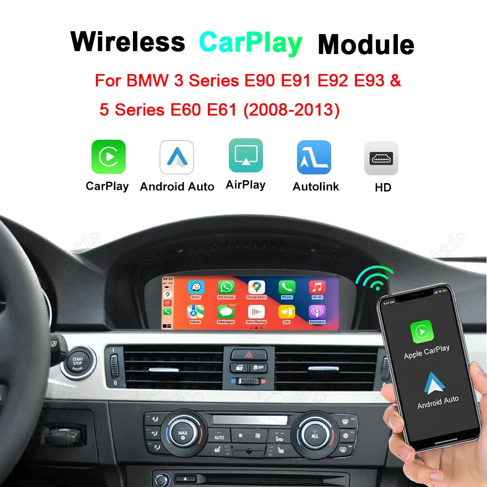 Wireless CarPlay and Android Auto interface upgrade for BMW 3 Series E90 E91 E92 E93 and 5 Series E60 E61 (2008-2013), featuring a smartphone connecting to the upgraded dashboard system.