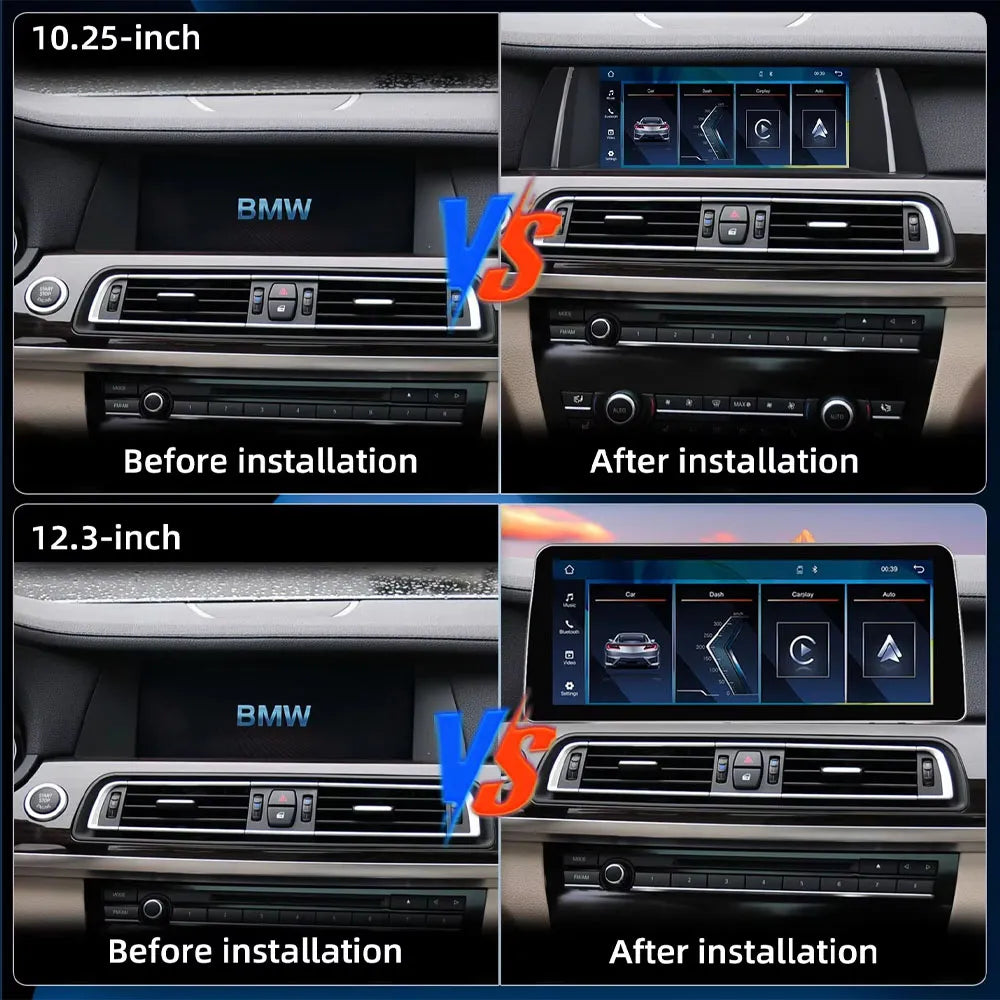 Before and after installation comparison of 10.25-inch and 12.3-inch Android display screen upgrades for BMW 7 Series F01 F02