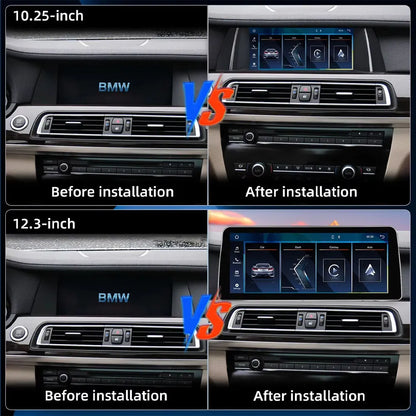 Before and after installation comparison of 10.25-inch and 12.3-inch Android display screen upgrades for BMW 7 Series F01 F02