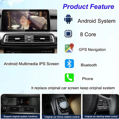 BMW 7 Series Android 8-core multimedia IPS screen features showing GPS navigation, Bluetooth, and retention of original iDrive and steering wheel controls