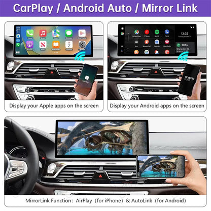 BMW 7 Series dashboard screen displaying Apple CarPlay, Android Auto, and MirrorLink functions via AirPlay and AutoLink