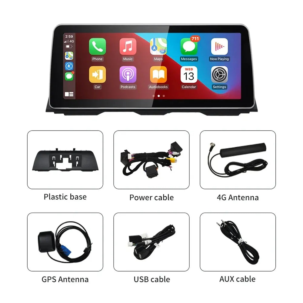 Complete package of BMW 5 Series F10 F11 Android screen with plastic base, power cable, 4G antenna, GPS antenna, USB cable, and AUX cable.