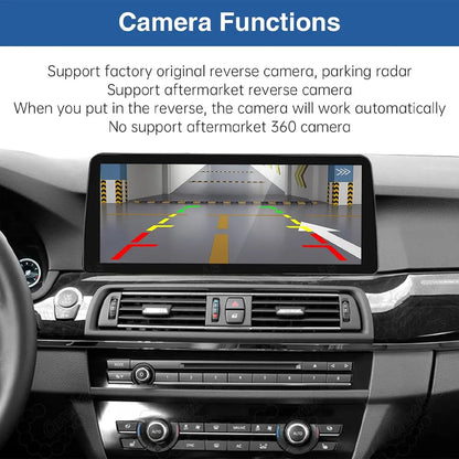 Reversing camera display with dynamic parking guidelines supporting factory original camera and aftermarket reverse camera on BMW 5 Series.
