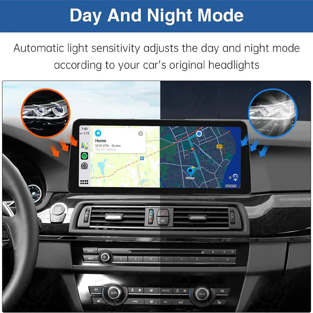 Automatic light sensitivity day and night mode switching according to car original headlights on BMW 5 Series navigation screen.