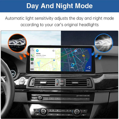 Automatic light sensitivity day and night mode switching according to car original headlights on BMW 5 Series navigation screen.