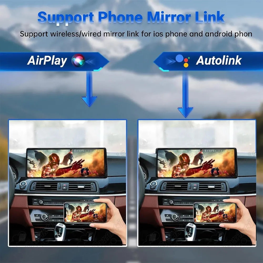 Phone mirror link function supporting wireless AirPlay for iPhone and AutoLink for Android devices on BMW 5 Series dashboard screen.
