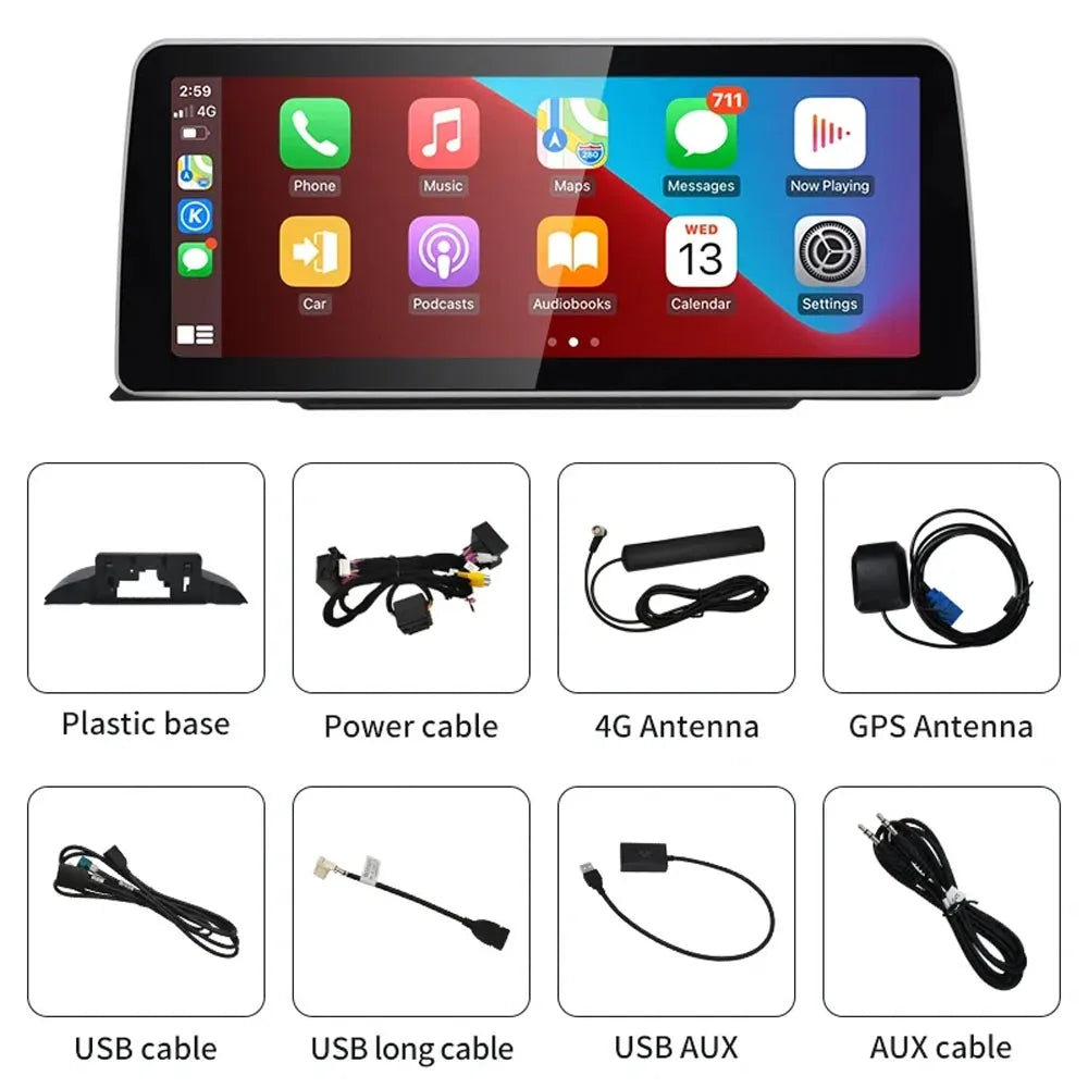Included installation accessories and cables for BMW CarPlay screen including power cable, GPS antenna, 4G antenna, USB cables, and plastic base