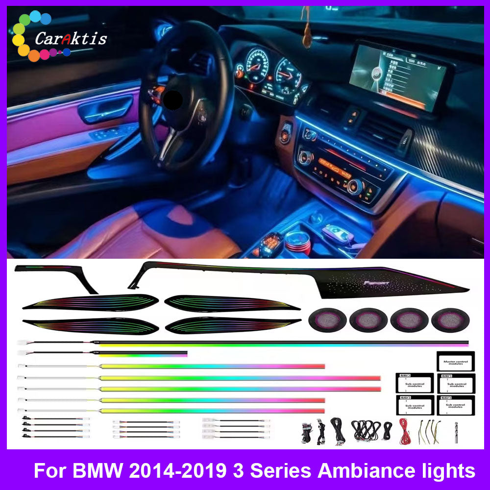 CarAktis LED interior decorative panel for BMW 3 Series F30 F35 2014-2019, showing the center console trim with ambient glow