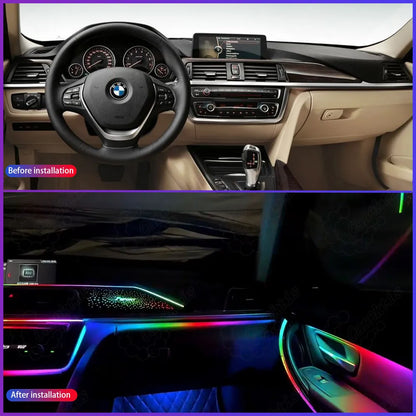Before and after comparison of BMW 3 Series F30 interior lighting, showing the upgrade from dark stock trim to LED ambient glow.