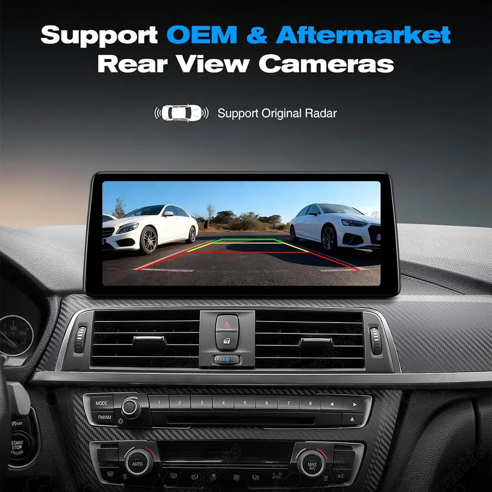 BMW 3 Series aftermarket screen supporting OEM and aftermarket rear view backup camera with parking sensors radar display
