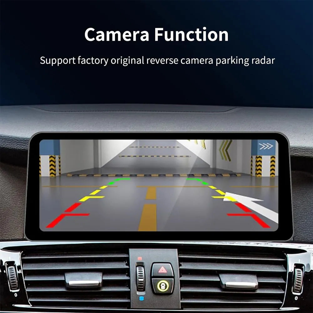High-definition backup camera display interface showing dynamic parking lines and compatibility with original factory parking radar.
