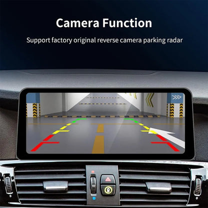 High-definition backup camera display interface showing dynamic parking lines and compatibility with original factory parking radar.