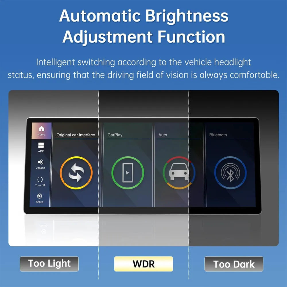 Automatic brightness adjustment (WDR) feature adapting display light level based on vehicle headlight status for comfortable daytime and nighttime driving vision.