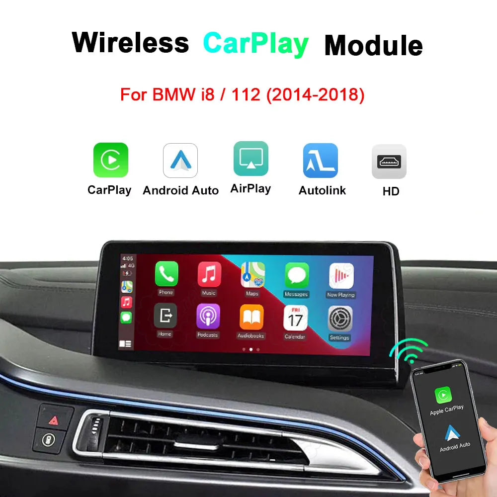 Wireless Apple CarPlay and Android Auto retrofit module for BMW i8 / I12 (2014-2018), featuring original screen integration and smart dashboard display.