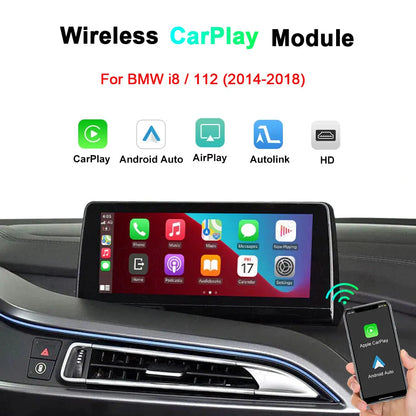 Wireless Apple CarPlay and Android Auto retrofit module for BMW i8 / I12 (2014-2018), featuring original screen integration and smart dashboard display.