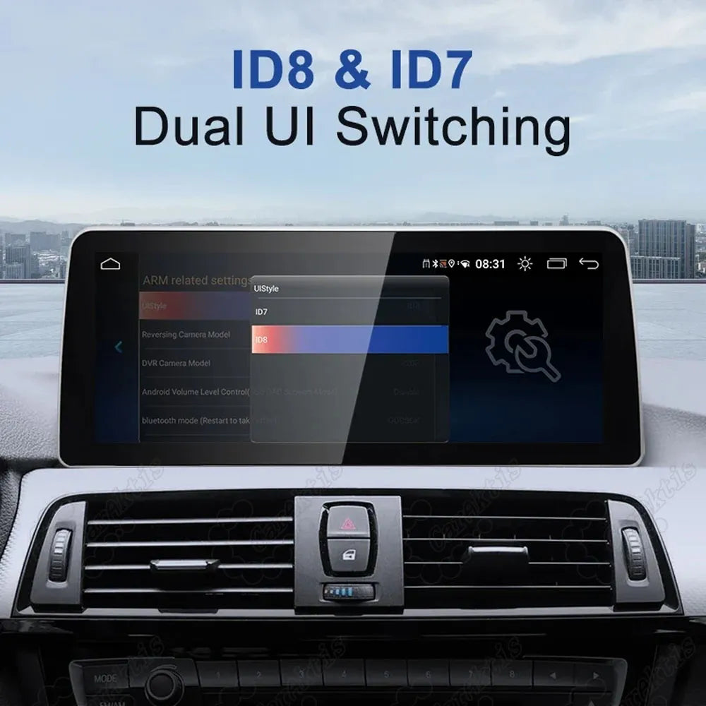 BMW iDrive system settings menu showing ID7 and ID8 dual UI switching options on 12.3-inch display