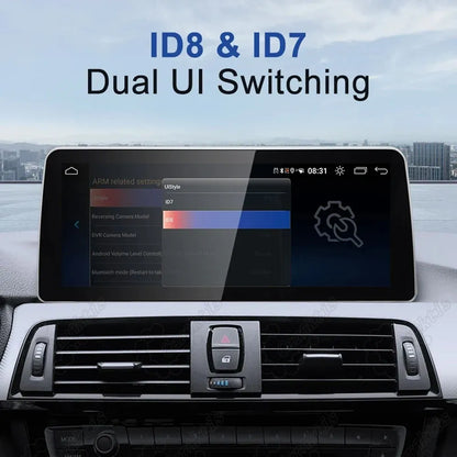 BMW iDrive system settings menu showing ID7 and ID8 dual UI switching options on 12.3-inch display