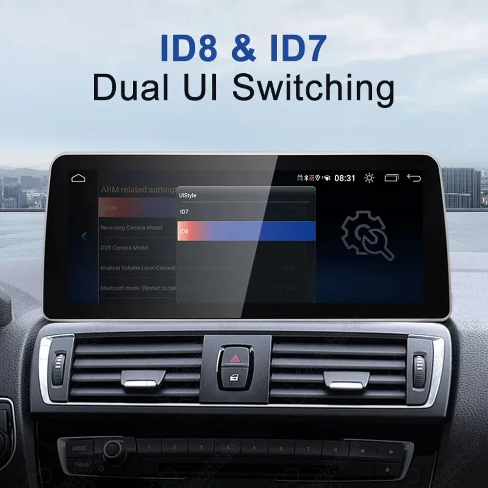 BMW car media unit settings menu showing ID8 and ID7 dual UI switching options.