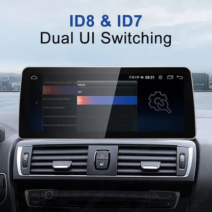 BMW car media unit settings menu showing ID8 and ID7 dual UI switching options.