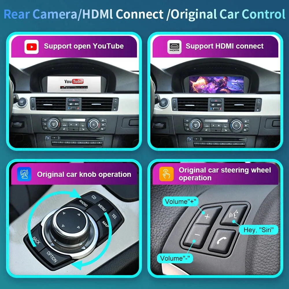 Compatibility guide showing full support for original BMW iDrive knob rotation, factory steering wheel buttons for Siri voice control, and HDMI input connection.