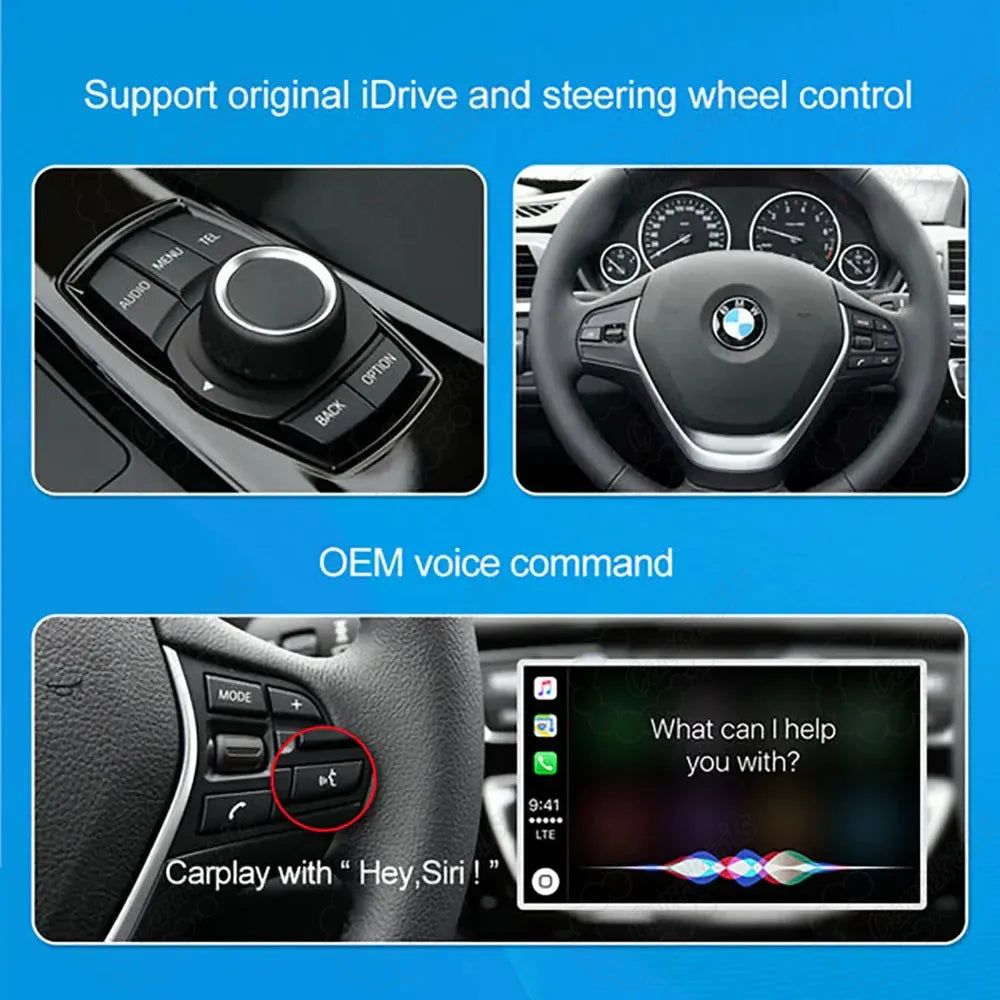 BMW retrofit CarPlay kit fully supporting original iDrive console knob, steering wheel shortcut buttons, and OEM voice control.