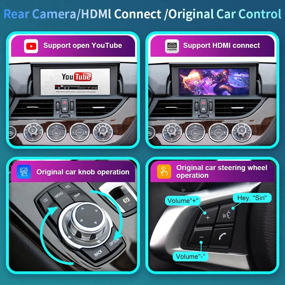 BMW factory dashboard screen showing support for YouTube video playback, HDMI input connection, original iDrive knob rotation, and steering wheel buttons.