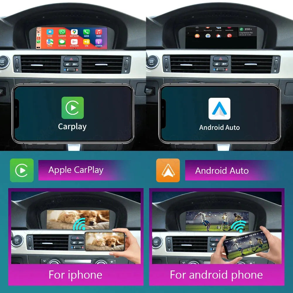 Wireless screen mirroring and AirPlay feature for iPhone and Android devices displayed on a upgraded BMW dashboard monitor.