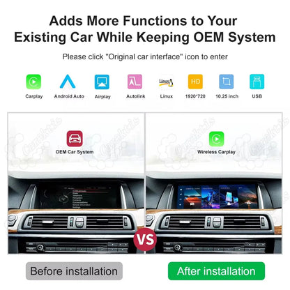The before-and-after comparison images of the BMW HD Linux system screen upgrade demonstrate the difference between the original OEM in-vehicle system interface and the new wireless CarPlay multi-functional multimedia display interface.