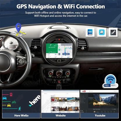 AHD HD reversing video display with parking guidelines on BMW Mini Cooper Android multimedia screen.