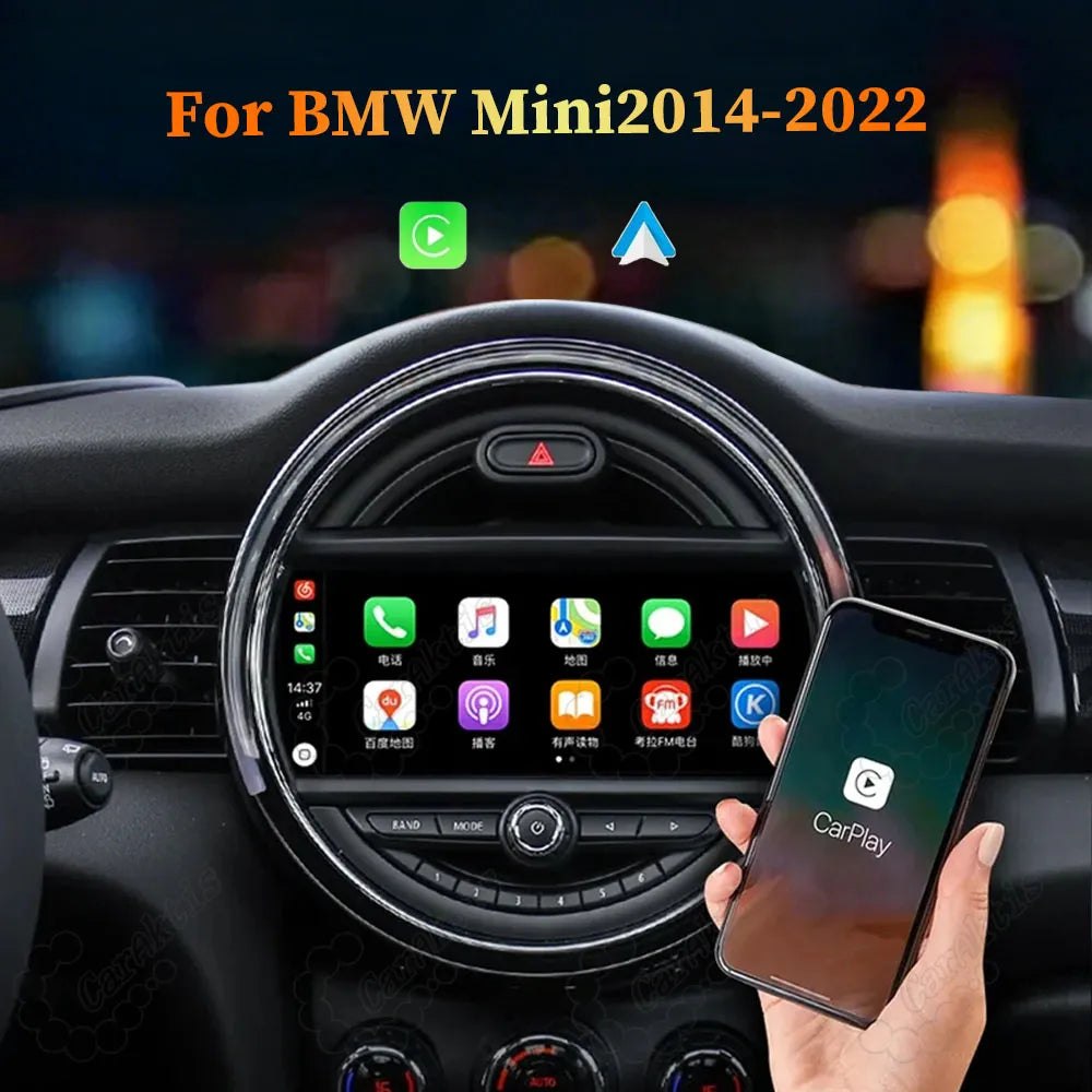 Wireless Apple CarPlay and Android Auto setup on BMW Mini Cooper dashboard touchscreen (2014-2020 F55/F56 models).