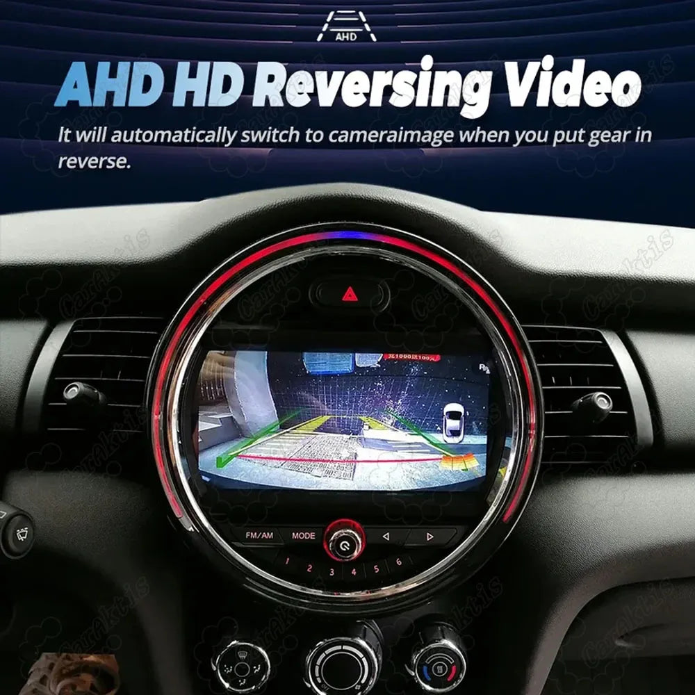 Dashboard visual comparison of OEM radio versus upgraded touchscreen Android radio for BMW Mini Cooper.