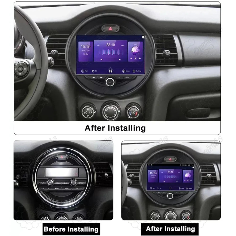 Visual before and after installation guide comparing factory dashboard screen with new Android head unit upgrade for BMW Mini Cooper F55 F56.