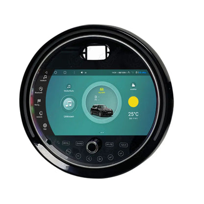 Single Android car multimedia display unit designed for BMW Mini Cooper F55 F56 showing vehicle information and weather widget.