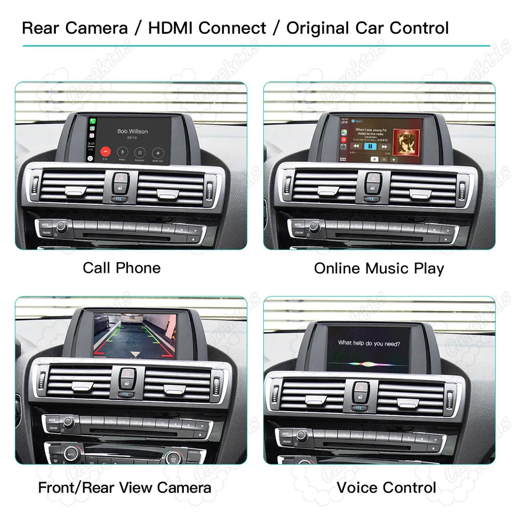 Multi-function interface of the BMW CarPlay module displaying phone calls, online music streaming, backup/front-view camera integration, and voice controls.