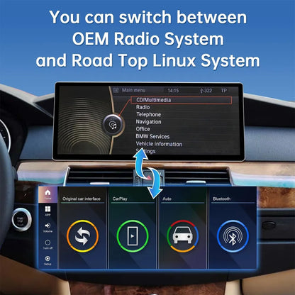 One-touch system switching feature allowing seamless toggling between the factory BMW iDrive menu and the new Linux/Android system interface.