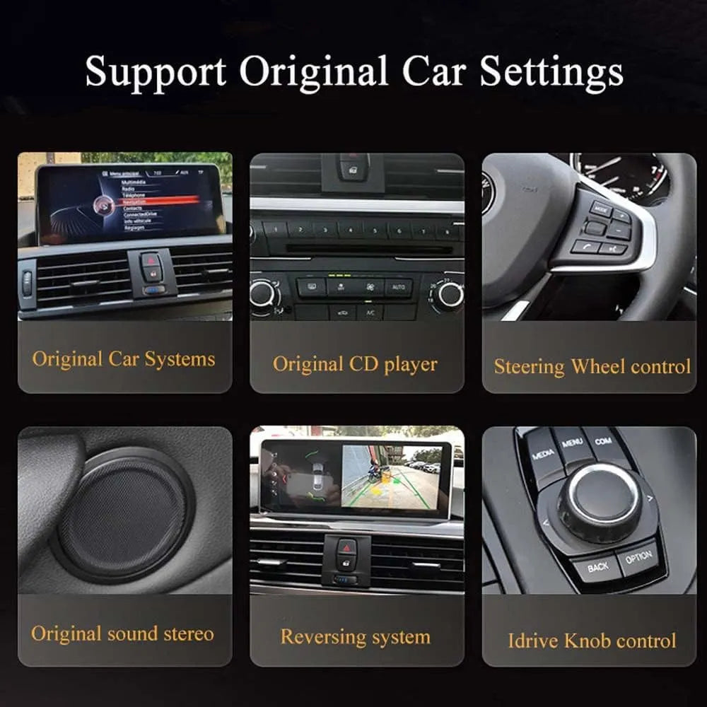 Compatibility with original BMW features including factory system, CD player, steering wheel controls, stereo sound, reversing system, and iDrive knob control.