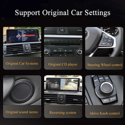 Compatibility with original BMW features including factory system, CD player, steering wheel controls, stereo sound, reversing system, and iDrive knob control.