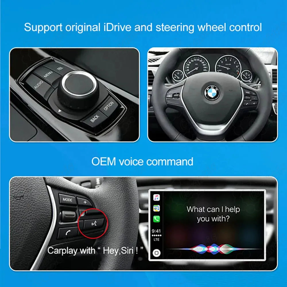 Close-up of original BMW iDrive controller knob and steering wheel buttons supported by the CarPlay retrofit module for seamless OEM control.