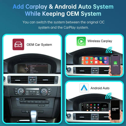 Demonstration of switching seamlessly between the original BMW OEM car system and the new wireless CarPlay or Android Auto interface on the upgraded multimedia display.