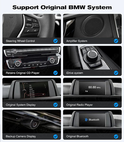 Retained original BMW features including steering wheel control, iDrive knob, original radio, CD player, Bluetooth, and factory menu system