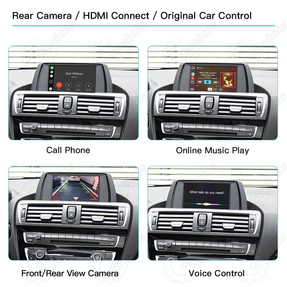 BMW integrated features including bluetooth hands-free calls, online music streaming, front/rear camera view, and Siri voice command.