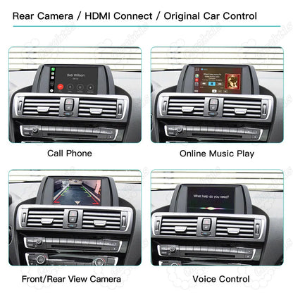 BMW integrated features including bluetooth hands-free calls, online music streaming, front/rear camera view, and Siri voice command.