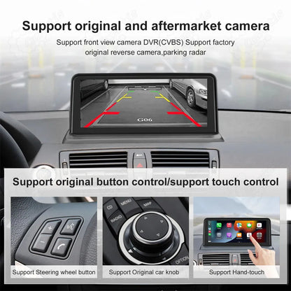 BMW upgrade module supporting factory original or aftermarket reverse camera, steering wheel buttons, iDrive knob, and hand-touch screen control.