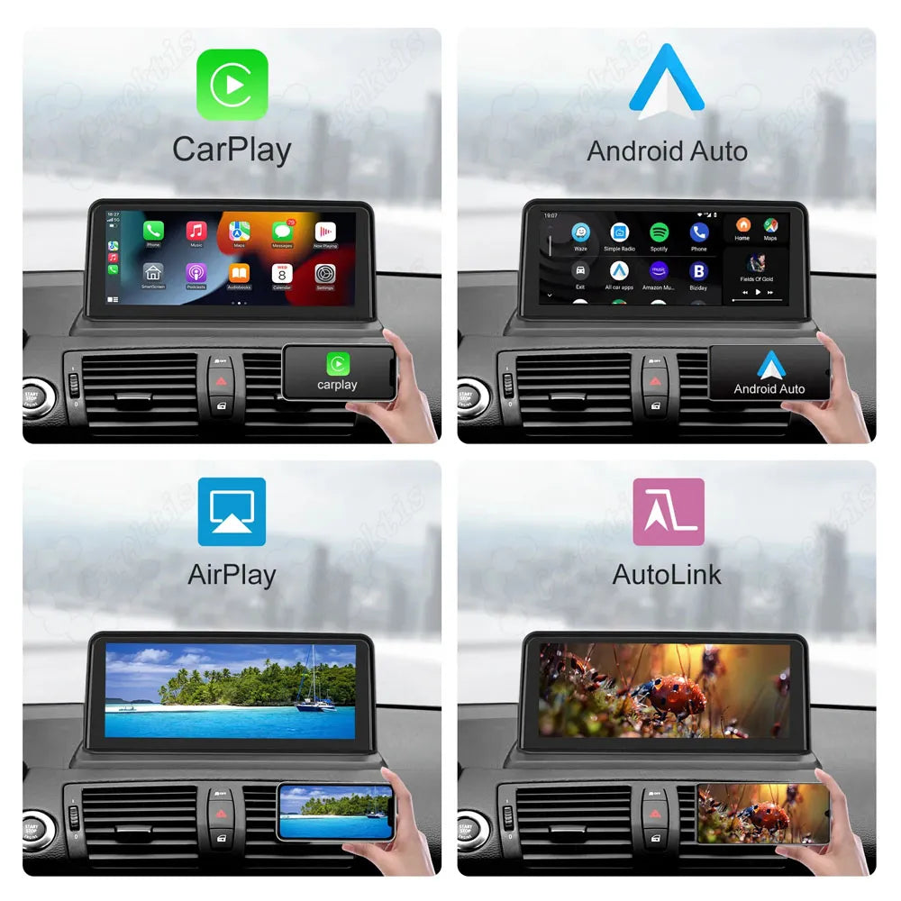 Showcase of 4-in-1 features including Apple CarPlay, Android Auto, iOS AirPlay, and Android AutoLink on BMW  original dashboard display.