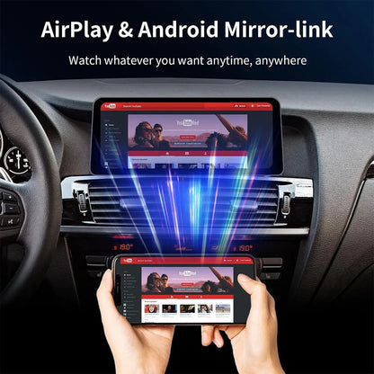 Smartphone video streaming via Apple AirPlay and Android Mirror-link displaying YouTube content directly on the 12.3-inch BMW head unit screen.
