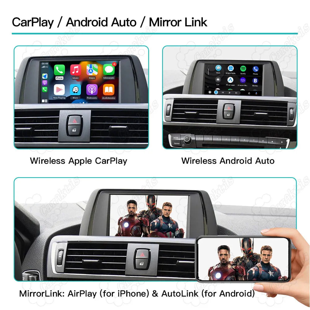 Wireless Apple CarPlay, Android Auto, and smartphone screen mirroring via AirPlay and AutoLink on BMW infotainment screen.