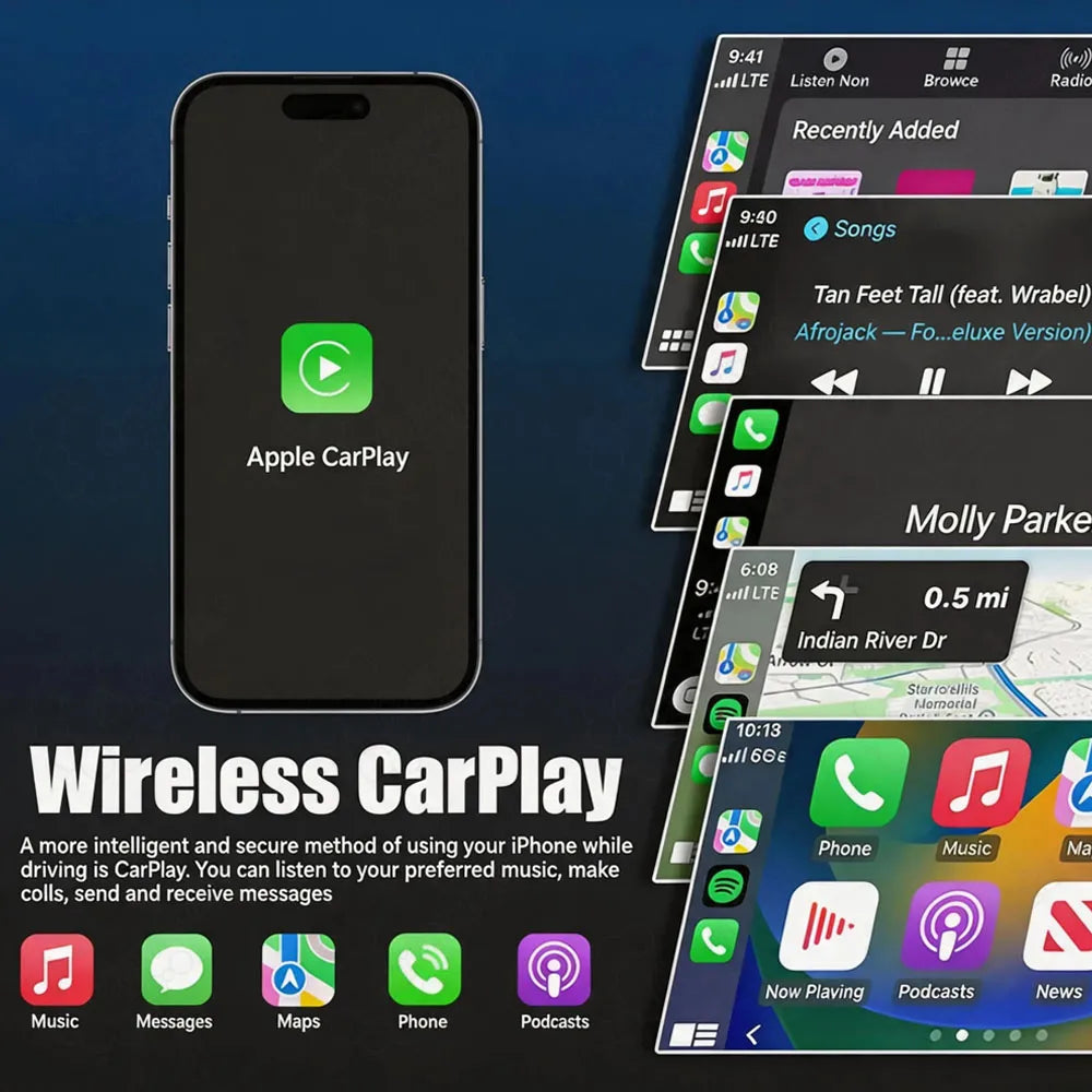 Wireless Apple CarPlay menu view on iPhone showing navigation maps, Apple Podcasts, messages, and calls tracking.